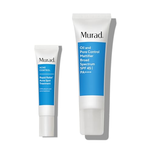 Murad Acne Solutions Value Set - 2-Piece Full Size Set ($75 Value) - Acne Fighting Skincare Set - Oil and Pore Control Mattifier SPF 45 1.7Fl Oz, Rapid Relief Acne Spot Treatment 0.5Fl Oz