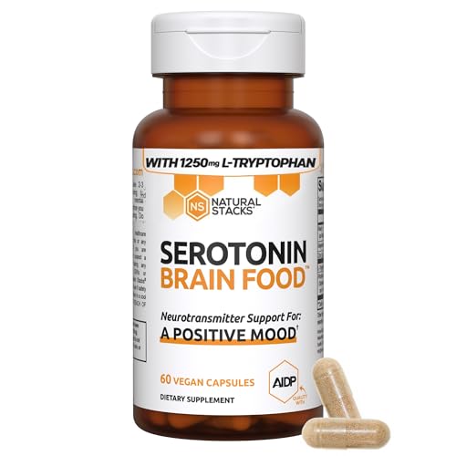 NATURAL STACKS Serotonin Brain Food w/L-Tryptophan & Rhodiola Rosea - Mood Support Supplement - Promotes Positive Mood, Calmness, Stress Relief - Happy Mood & Brain Support Supplement - 60 Capsules