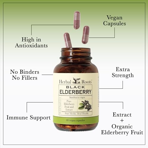 Herbal Roots Black Elderberry Capsules | Max Strength 4,300mg | Made with Organic Sambucus | Vegan and Pure