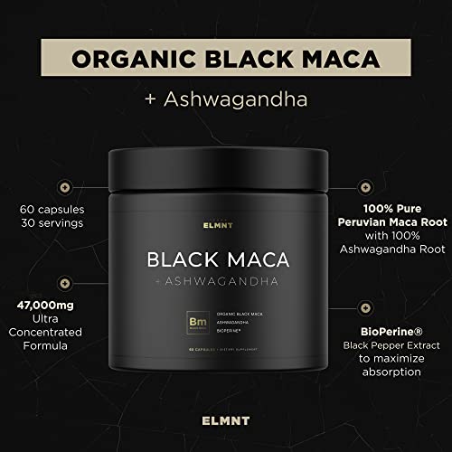 ELMNT 40,000mg 40x Strength Organic Black Maca Root with Ashwagandha - Highest Potency Black Maca Root Capsules for Men - 100% Pure Maca Peruana Powder Organic, Gelatinized, Non-GMO - 60 Pills