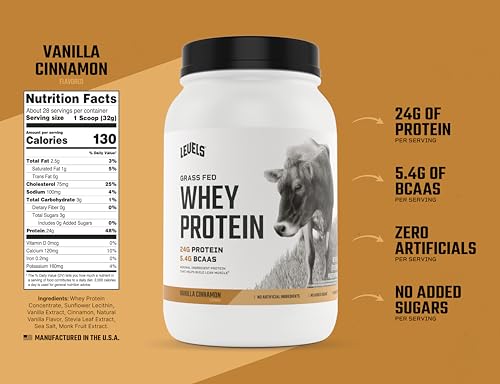 Levels Grass Fed Whey Protein Powder, No Artificials, 24G of Protein, Vanilla Cinnamon, 2LB