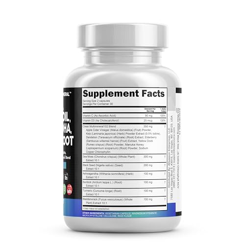 Sea Moss 3000mg Black Seed Oil 2000mg Ashwagandha 1000mg Turmeric 1000mg Bladderwrack 1000mg Burdock 1000mg & Vitamin C & D3 with Elderberry Manuka Dandelion Yellow Dock Iodine Chlorophyll ACV