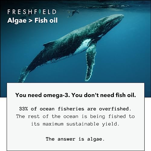 Freshfield Vegan Omega 3 DHA: Sustainably Sourced, Tested, GMP, Premium, Carrageenan Free, Compostable Bottle, Fish Oil Replacement, Carbon Neutral. Supports Heart, Brain, Joint Health w/DPA