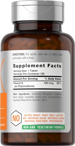 Horbäach Vitamin K Supplement | 100mcg | 120 Tablets | Vegetarian, Non-GMO & Gluten Free Supplement