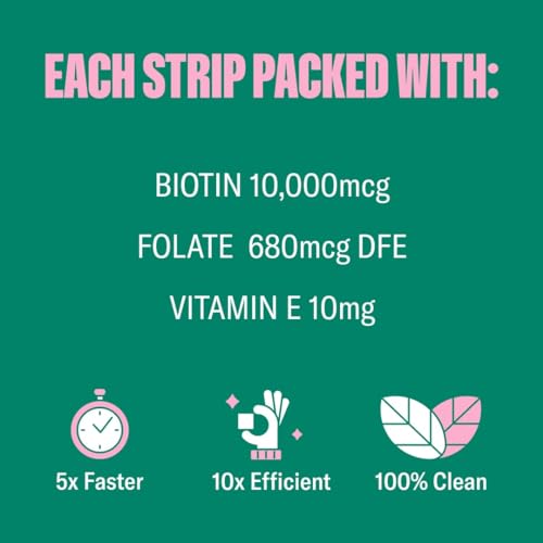 Beauty | Strawberry Flavored Oral Strips with Biotin, Folate and Vitamin E | Vitamins for Hair, Skin & Nails | Maximum Absorption, Fast Results | 30 Individually Wrapped Strips