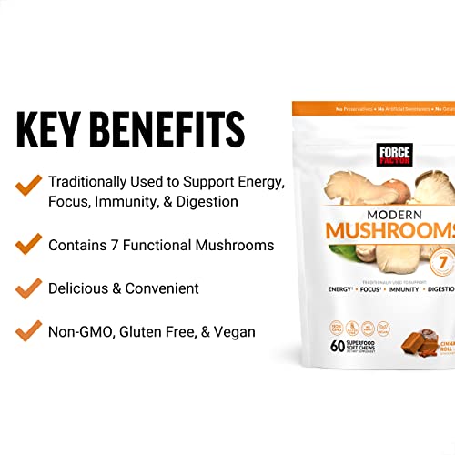 Force Factor Modern Mushrooms Soft Chews, Mushroom Supplement with Lions Mane, Turkey Tail, & Cordyceps to Support Energy, Focus, Immunity, & Digestion, Cinnamon Roll, 60 Soft Chews