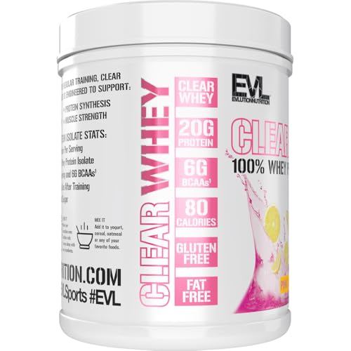 Evlution Nutrition Clear Whey - 100% Whey Protein Isolate - for Muscle Growth, Strength & Recovery - 20g Isolate Protein Per Serving - Fast Absorbing - Gluten & Fat Free - 1.1lb - Pink Lemonade