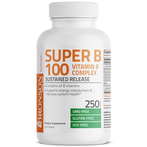 Bronson Super B 100 Vitamin B Complex Sustained Release Contains All B Vitamins (Vitamin B1, B2, B3, B6, B9 - Folic Acid, B12) Supports Energy Metabolism & Nervous System Health, Non-GMO, 250 Tablets