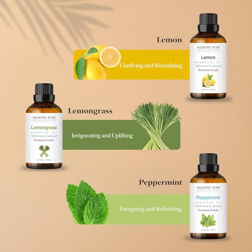 Majestic Pure 100% Pure Essential Oils Set - 6 x 10ml (Peppermint, Lavender, Eucalyptus, Tea Tree, Lemongrass) For Diffusers, Aromatherapy, Candles, Humidifiers
