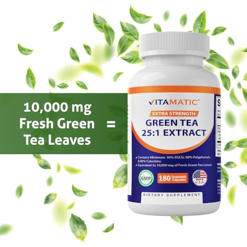 Vitamatic Green Tea Extract with Vitamin C, 25X Concentrate, 98% Polyphenols, 80% Catechins, 50% EGCG, 180 Veg Capsules