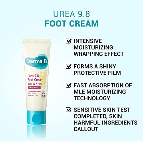 Derma B | Urea 9.8% Foot Cream | Foot Lotion for Dry Cracked Heel Treatment | Camellia Oil, Urea Cream for Feet | Hypoallergenic Leg Cream for Sensitive Skin | Woody Scent Foot Care | 2.7 fl oz (80ml)