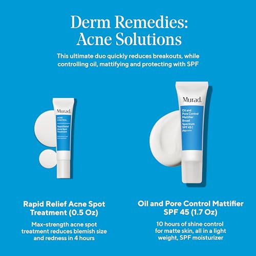 Murad Acne Solutions Value Set - 2-Piece Full Size Set ($75 Value) - Acne Fighting Skincare Set - Oil and Pore Control Mattifier SPF 45 1.7Fl Oz, Rapid Relief Acne Spot Treatment 0.5Fl Oz