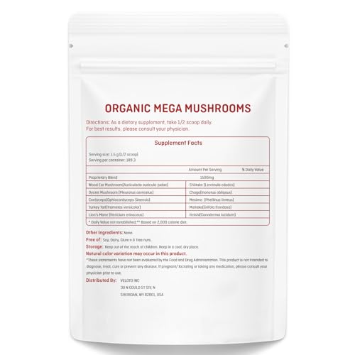 Organic Mega Mushroom Powder Blend, 10 in 1 Complex Mushroom Extract Powder Herbal Supplement with Reishi, Cordyceps, Chaga, Lion's Mane, Vegan & More, Sustainably US Grown, Filler Free, 10oz