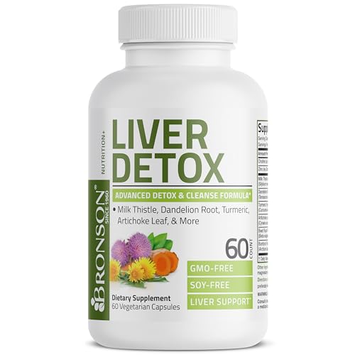 Bronson Liver Detox Advanced Detox & Cleansing Formula Supports Health Liver Function with Milk Thistle, Dandelion Root, Turmeric, Artichoke Leaf & More, Non-GMO, 60 Vegetarian Capsules