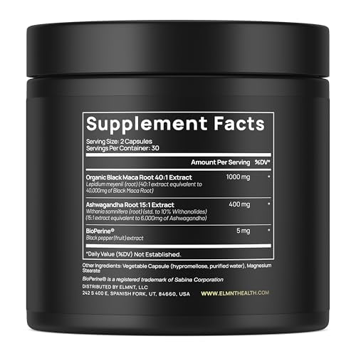 ELMNT 40,000mg 40x Strength Organic Black Maca Root with Ashwagandha - Highest Potency Black Maca Root Capsules for Men - 100% Pure Maca Peruana Powder Organic, Gelatinized, Non-GMO - 60 Pills