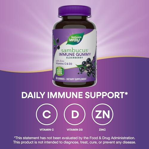 Nature’s Way Sambucus Elderberry Immune Gummies, Daily Immune Support for Kids and Adults*, with Vitamin C, Vitamin D3, Zinc, Gluten Free, Vegetarian, 60 Gummies (Packaging May Vary)