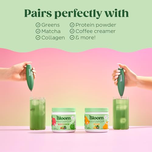 Bloom Nutrition Milk Frother, Hand Mixer, Electric, Handheld Drink Stirrer, Frothing Wand, Foam Maker for Coffee, Matcha, Protein, Greens, Stainless Steel, Battery Operated, Includes Whisk Stand