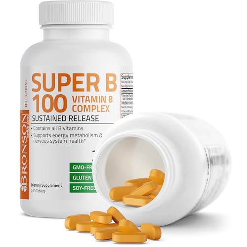 Bronson Super B 100 Vitamin B Complex Sustained Release Contains All B Vitamins (Vitamin B1, B2, B3, B6, B9 - Folic Acid, B12) Supports Energy Metabolism & Nervous System Health, Non-GMO, 250 Tablets