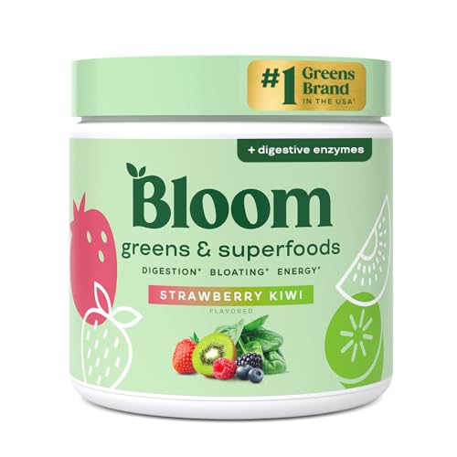 Bloom Nutrition Superfood Greens Powder, Digestive Enzymes with Probiotics and Prebiotics, Gut Health, Bloating Relief, Strawberry Kiwi + Milk Frother High Powered Hand Mixer