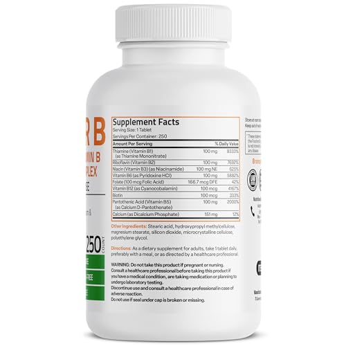 Bronson Super B 100 Vitamin B Complex Sustained Release Contains All B Vitamins (Vitamin B1, B2, B3, B6, B9 - Folic Acid, B12) Supports Energy Metabolism & Nervous System Health, Non-GMO, 250 Tablets