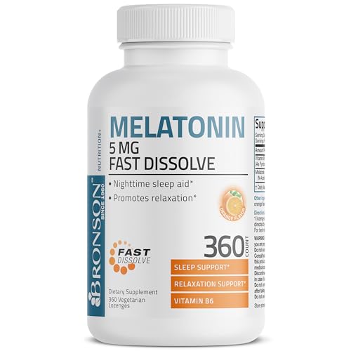 Bronson Melatonin 5mg Fast Dissolve Orange Flavor Tablets with Vitamin B6 - Promotes Relaxation, 360 Vegetarian Chewable Lozenges