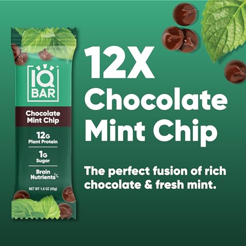 IQBAR Brain and Body Keto Protein Bars - Chocolate Mint Chip - 12-Count Energy Bars - Low Carb/Sugar - High Fiber Meal Replacement Bars - Vegan Snacks