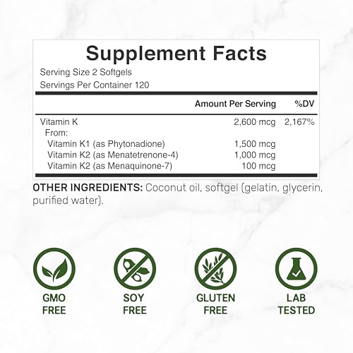 DEAL SUPPLEMENT Premium Vitamin K Complete - High Potency Vitamin K2 (MK-7 and MK-4) & K1, 240 Coconut Oil Infused Softgels - Full Spectrum Triple Vitamin K, Optimal Bone & Heart Health Support