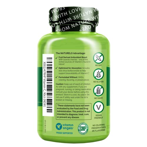 NATURELO Vitamin C with Organic Acerola Cherry Extract and Citrus Bioflavonoids - Vegan Supplement - Immune Support - 500 mg VIT C per Cap - Non-GMO - 90 Capsules