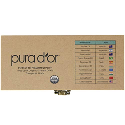 PURA D'OR Organic Perfect10 Essential Oils Set - 10x 10mL Wood Box Aromatherapy Gift Set - 100% Pure Therapeutic Grade for Relaxation and Wellness (Lavender, Peppermint, Eucalyptus, Tea Tree & More)