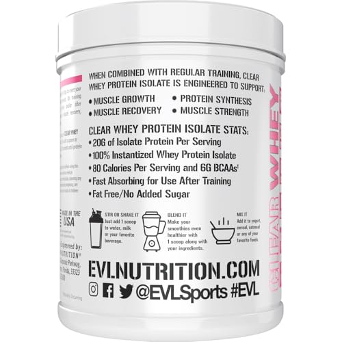 Evlution Nutrition Clear Whey - 100% Whey Protein Isolate - for Muscle Growth, Strength & Recovery - 20g Isolate Protein Per Serving - Fast Absorbing - Gluten & Fat Free - 1.1lb - Pink Lemonade