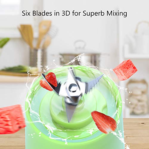 Portable, Personal Mixer Rechargeable with USB, Mini Blender for Smoothie, Fruit Juice, Milk Shakes, 380ml, Six 3D Blades for, 9.12x3.25x3.25 inch, Green