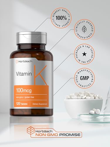 Horbäach Vitamin K Supplement | 100mcg | 120 Tablets | Vegetarian, Non-GMO & Gluten Free Supplement