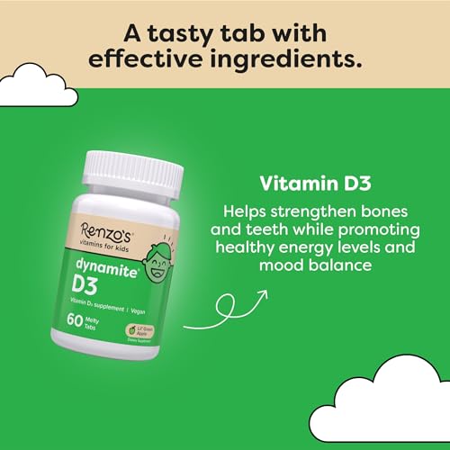 Renzo's Dynamite Vitamin D3 - Dissolving Kids Vitamin D3-60 Sugar-Free Melty Tabs, Lil’ Green Apple Flavored