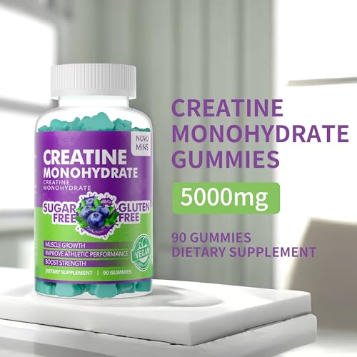 Creatine Monohydrate Gummies 5000mg for Men & Women, Chewables Creatine Monohydrate for Muscle Strength, Muscle Builder, Energy Boost, Pre-Workout Supplement(90 Count)-Blueberry flavor.