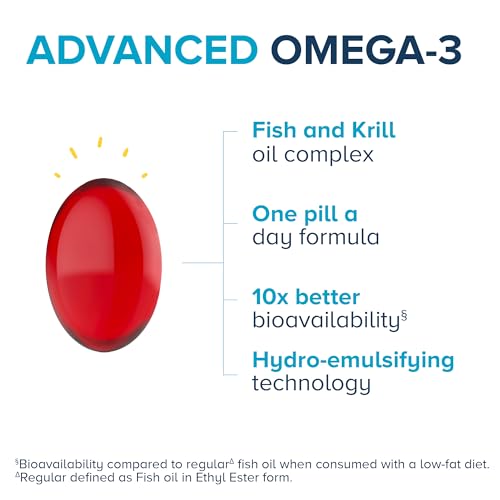 Qunol Advanced Omega 3 Krill and Fish Oil Complex, 10x Better Bioavailability, One Pill Dose, 250mg EPA & DHA, Supports Brain, Eye, Heart and Joint Health, 90 Count (Pack of 1)