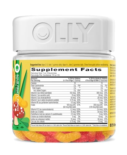 OLLY Kids Multivitamin Gummy Worms, Overall Health and Immune Support, Vitamins and Minerals A, C, D, E, Bs and Zinc, Chewable Supplement, Sour Fruit Punch, 45 Day Supply (70 Count)