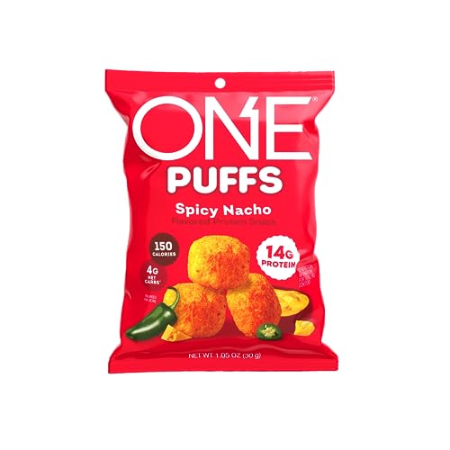 ONE PUFFS, Spicy Nacho Flavor, 14g of Protein, Protein Snacks for On the Go, 150 Calories per Snack (10 Pouches)