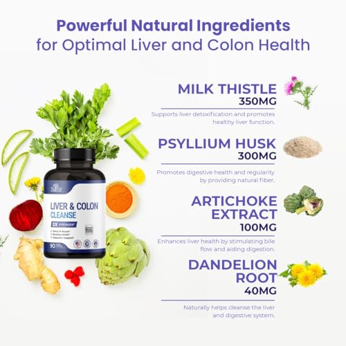 Liver Detox & Colon Cleanse - 2X Stronger - Liver Cleanse Detox & Repair - Colon Cleanser & Detox - Premium Milk Thistle Supplement - Men & Women - Vegan 90 Capsules