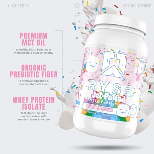 Ryse Loaded Protein Powder | 25g Whey Protein Isolate & Concentrate | with Prebiotic Fiber & MCTs | Low Carbs & Low Sugar | 27 Servings (Birthday Cake)