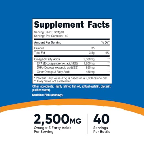 Nutricost Omega 3 Fish Oil - 2500MG, 120 Softgels (40 Serv) - Fish Oil, Wild Caught! 1200mg EPA 850mg DHA - Non-GMO, Gluten Free