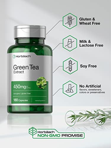 Horbäach Green Tea Extract Capsules 450mg | 180 Count | Herbal Supplement | Non-GMO and Gluten Free