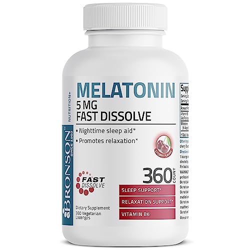 Bronson Melatonin 5mg Fast Dissolve Cherry Flavor Tablets with Vitamin B6 - Nighttime Sleep Aid - Promotes Relaxation, 360 Vegetarian Chewable Lozenges