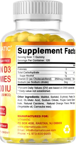 Vitamatic Sugar Free Vitamin D3 10000 IU - 120 Pectin Based Gummies - Great Taste - Healthy Bones, Mood & Immune System Function - Non-GMO - 120 Servings