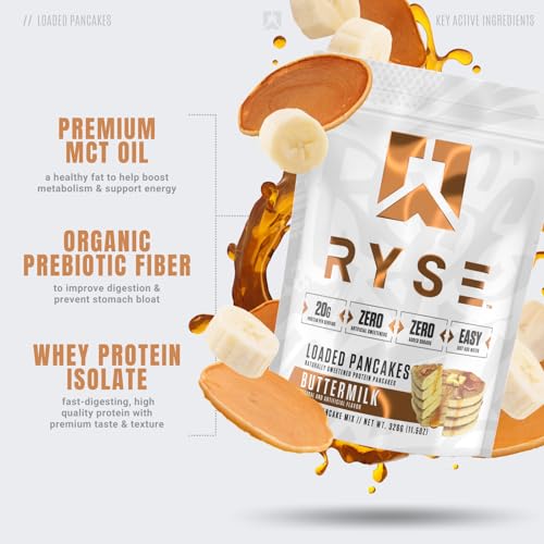 RYSE Loaded Protein Pancakes | Naturally Sweetened Protein Pancake Mix | Zero Added Sugars | 21g Protein & 3g Healthy MCTs | 6 Servings (Banana)