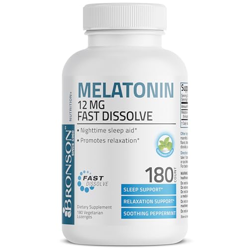 Bronson Melatonin 12mg Fast Dissolve Nighttime Sleep Aid Support & Relaxation Support, 180 Peppermint Vegetarian Lozenges