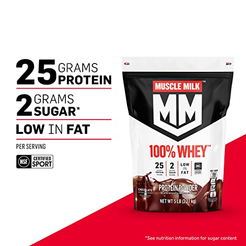 Muscle Milk 100% Whey Protein Powder, Vanilla, 5 Pound, 68 Servings, 25g Protein, 2g Sugar, Low in Fat, NSF Certified for Sport, Energizing Snack, Workout Recovery, Packaging May Vary