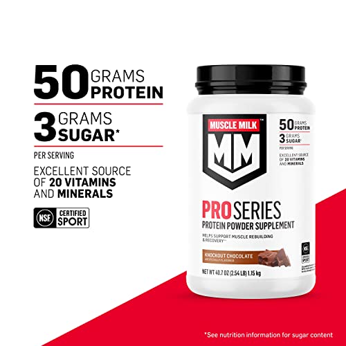 Muscle Milk Pro Series Protein Powder Supplement, Knockout Chocolate, 5 Pound, 28 Servings, 50g Protein, 3g Sugar, 20 Vitamins & Minerals, NSF Certified for Sport, Workout Recovery