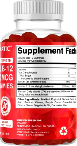 Vitamatic Extra Strength Vitamin B12 5000 mcg (Methyl B12) Gummies - 120 Count - Energy Metabolism Support and Nervous System Health Support, Natural Cherry Flavored (1)