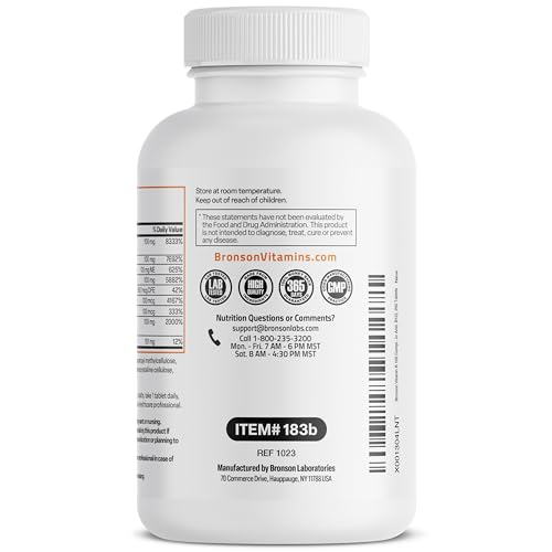 Bronson Super B 100 Vitamin B Complex Sustained Release Contains All B Vitamins (Vitamin B1, B2, B3, B6, B9 - Folic Acid, B12) Supports Energy Metabolism & Nervous System Health, Non-GMO, 250 Tablets