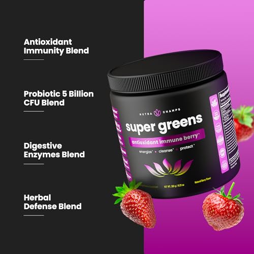 Super Greens Powder Premium Antioxidant Superfood | Organic Greens Fruit and Veggie Vegan Supplement | 40+ Greens and Superfoods Including Wheatgrass & Spirulina | Probiotic Powder Greens, Sweet Berry